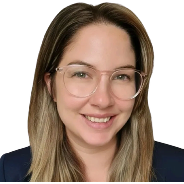 Smiling woman with glasses and long hair.