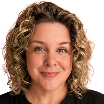 Smiling woman with curly blonde hair.
