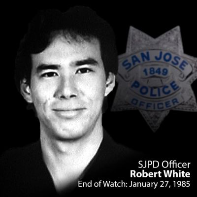 Portrait of SJPD Officer Robert White with memorial text and police badge in background.