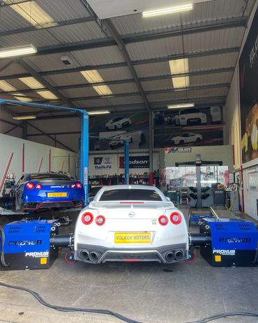 Nissan R35 GTR on Mainline hub dyno during custom tuning session at VOLKOV Motors