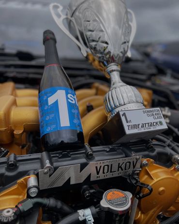 Hand-built VOLKOV Motors engine displayed with Time Attack 1st place trophy after winning