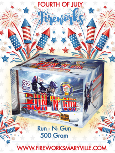Fourth of July fireworks featuring Run-N-Gun 500 Gram fireworks box with patriotic decorations.