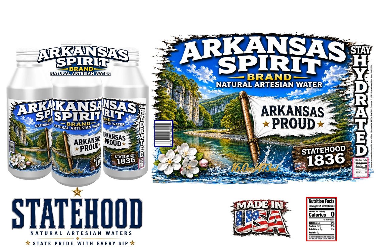 Arkansas Spirit natural artesian water in reusable aluminum bottles with Arkansas state-inspired branding.