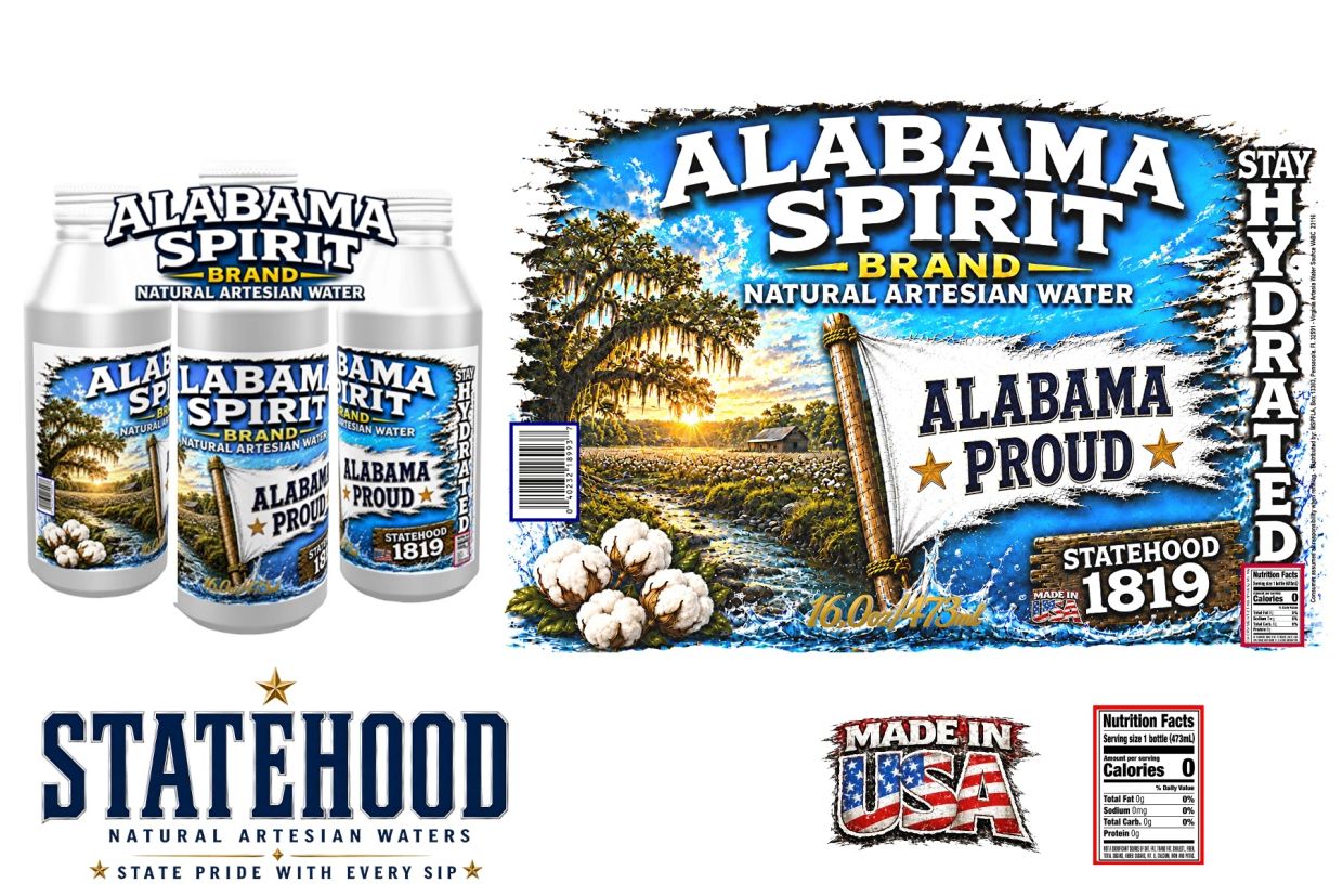 Alabama Spirit natural artesian water in reusable aluminum bottles by STATEHOOD Waters, featuring Alabama state-inspired branding.