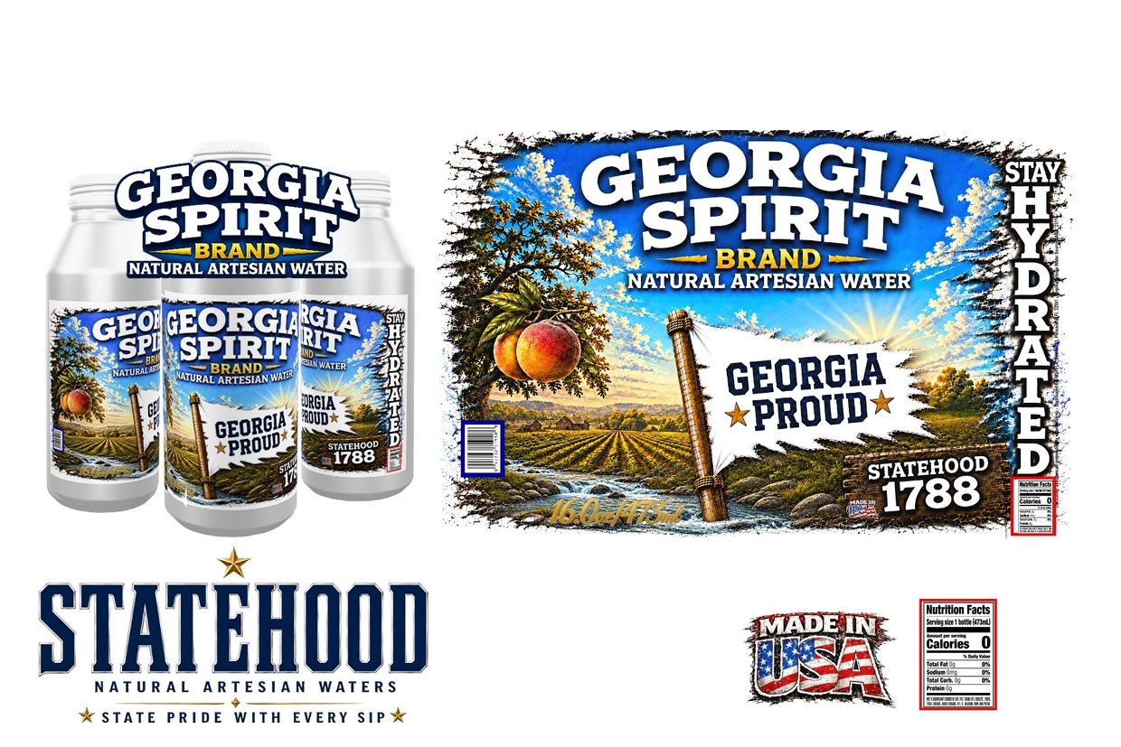 Georgia Spirit natural artesian water in reusable aluminum bottles with Georgia state-inspired branding by STATEHOOD Waters.