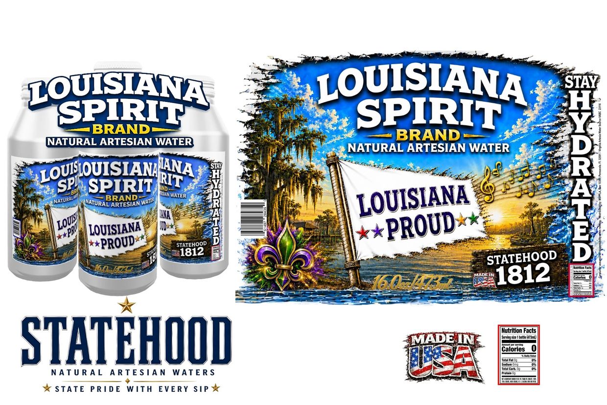 Louisiana Spirit natural artesian water in reusable aluminum bottles by STATEHOOD Waters, featuring Louisiana state-inspired branding.
