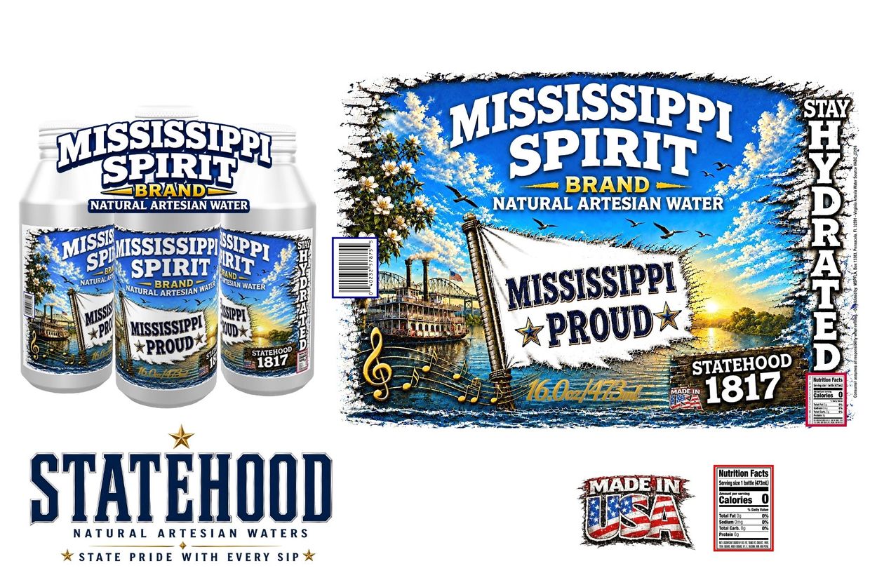 Mississippi Spirit natural artesian water in reusable aluminum bottles featuring Mississippi Proud state-inspired branding.
