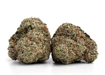 Two dense cannabis buds with orange hairs and frosty trichomes.