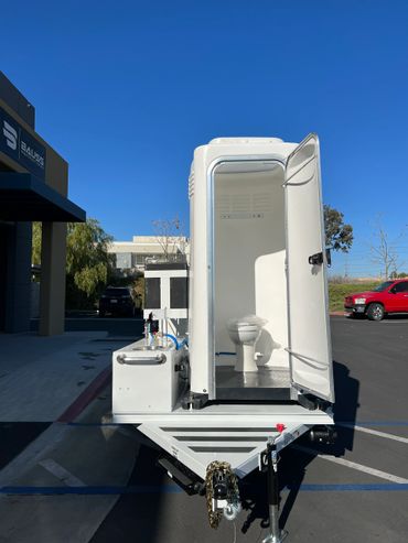 alt="Utility restroom trailer deployed for hurricane recovery efforts"