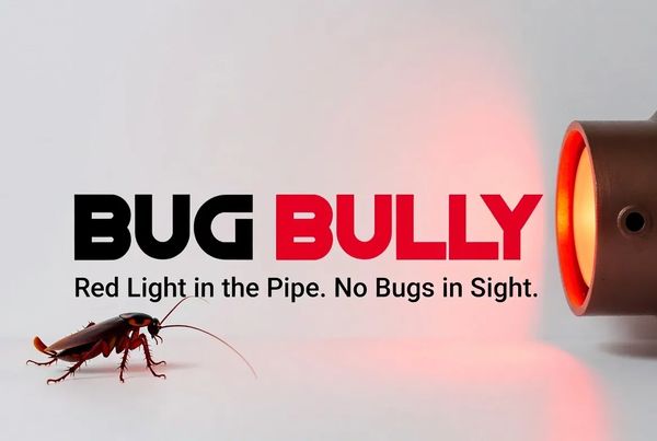 Bug near a red light with text promoting pest control.