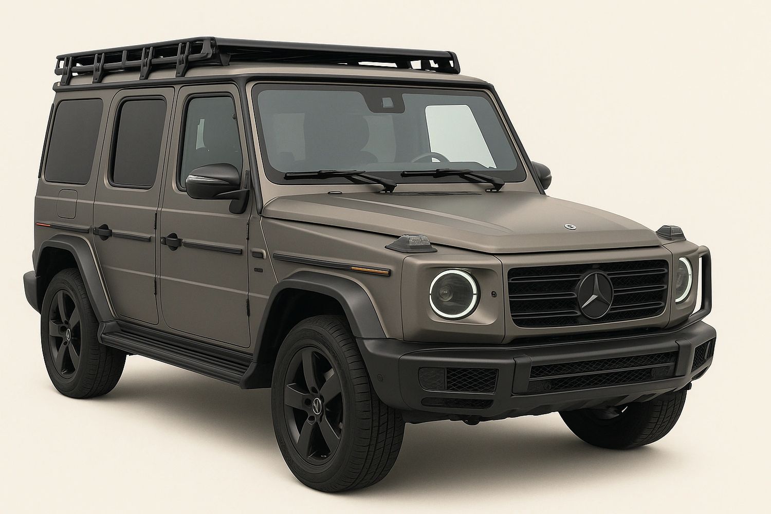Matte gray Mercedes-Benz G-Class SUV with roof rack and black wheels.