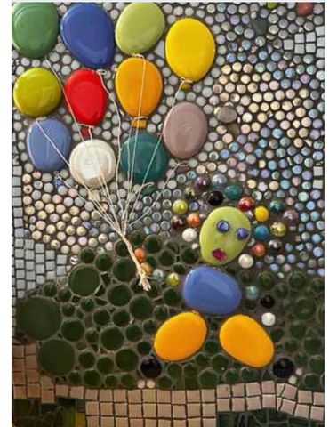 Joyful figure in mosaic with balloons.