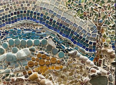 Abstract mosaic in blue, green, and brown.
