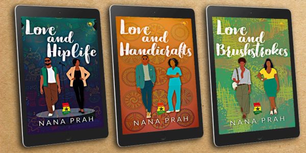 Three tablet screens showing book covers by Nana Prah.