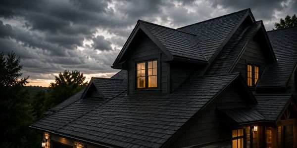 Cozy house with glowing windows under a dramatic cloudy sky at dusk.