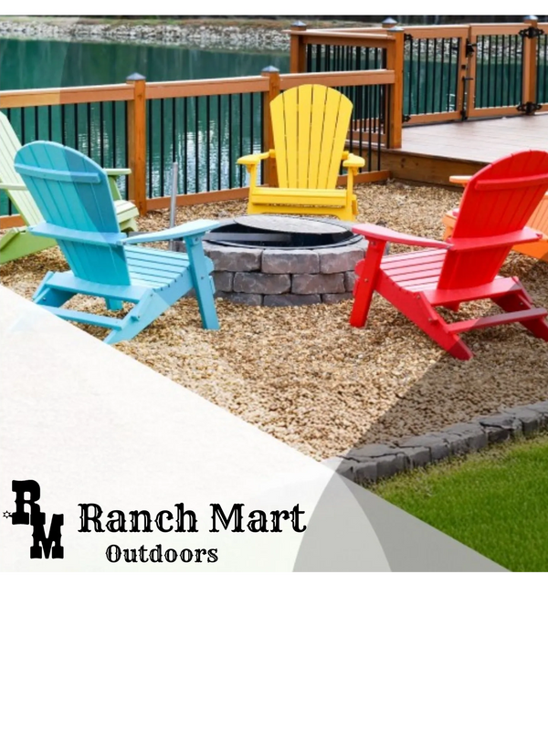 Poly Adirondack chairs by a fire pit by the deck overlooking the lake.