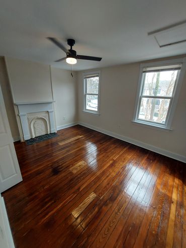 Upstairs primary bedroom, faces front