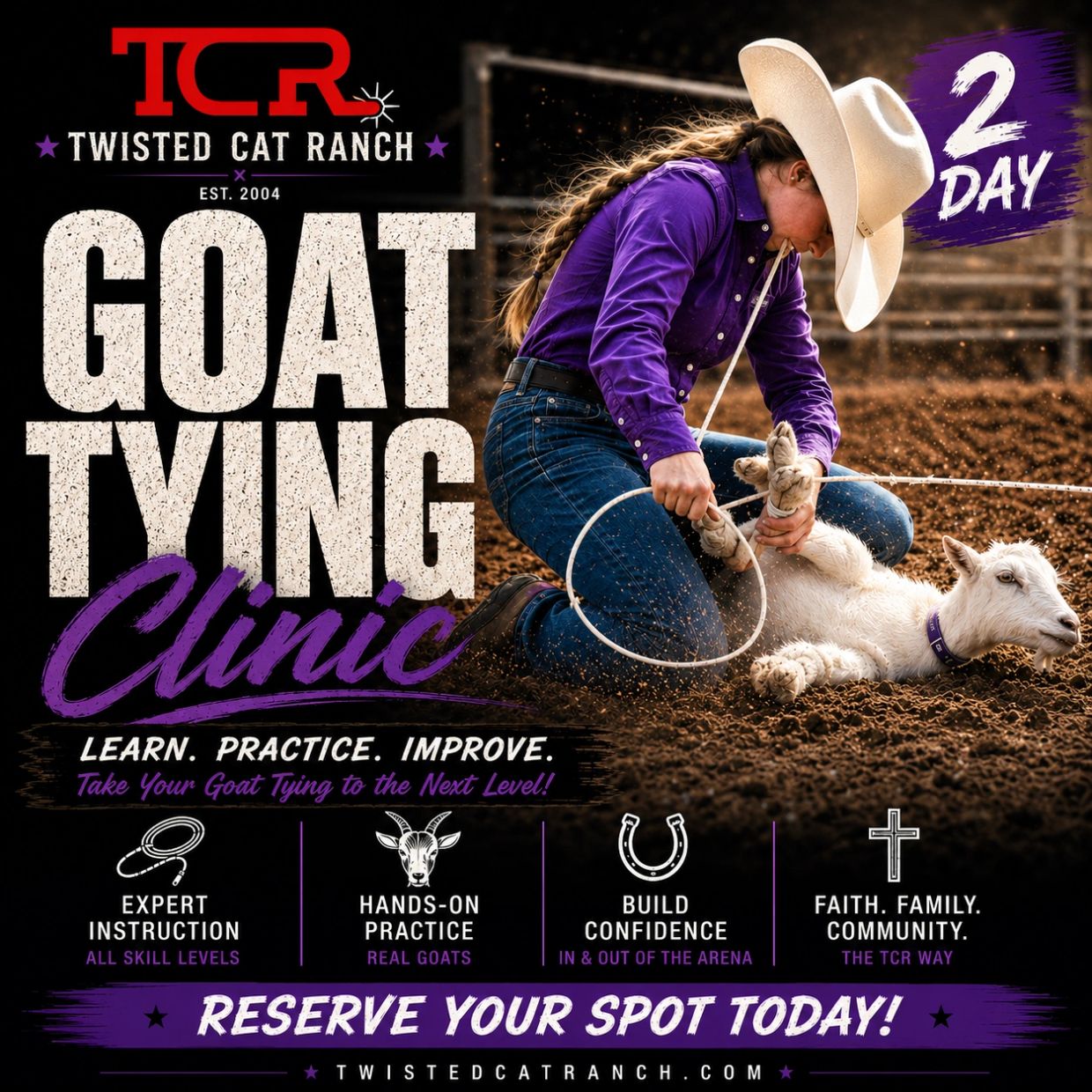 Goat tying clinic announcement with a woman practicing on a goat.