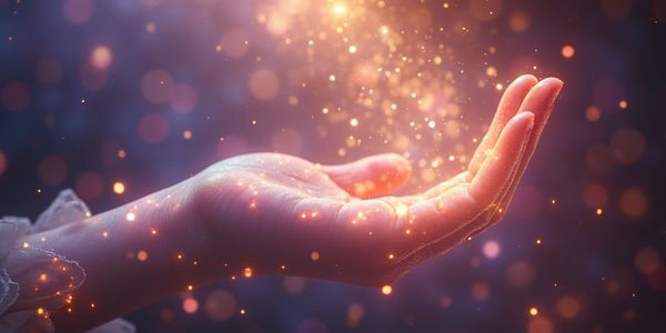 Open hand illuminated by radiant sparkles, symbolizing growth, healing, and empowerment