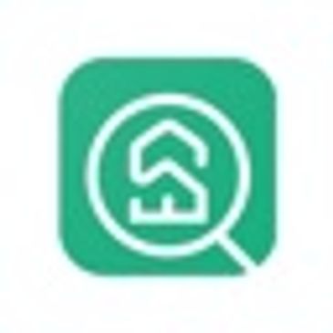 Green app icon with house and magnifying glass symbol.