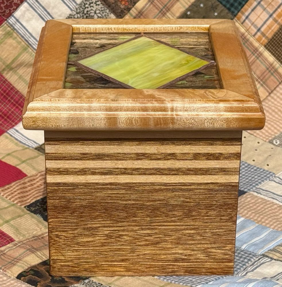 Small Box with Stained Glass inset lid. Made from reclaimed woods. {Mahogany and Maple)