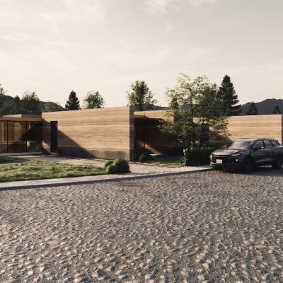 Casa moderna con fachada de madera y un auto negro en la entrada.