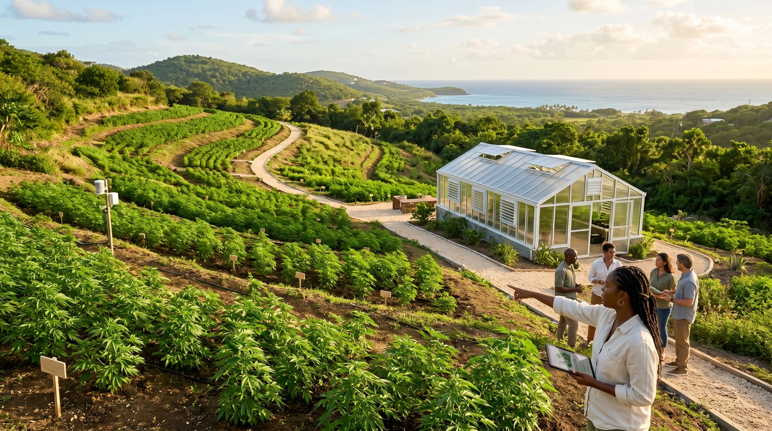 People discussing near a greenhouse on a lush hillside farm overlooking the ocean.