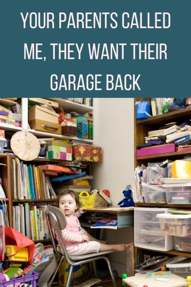 Your Parents called me, they want their garage back. A little toddler girl at a desk with bookcases