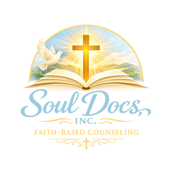 Faith-based counseling logo with cross, dove, and open Bible.