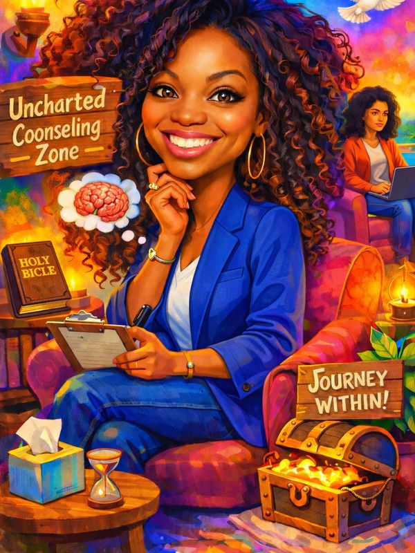 Colorful illustration of a smiling counselor in the 'Uncharted Counseling Zone' with a treasure chest and Bible.
