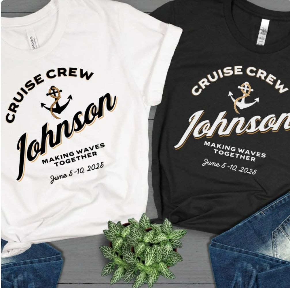 Two cruise crew T-shirts with anchor designs and event dates for Johnson's June 2025 trip.
