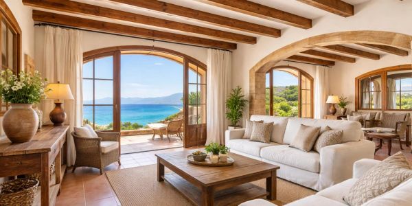 Sala con vista al mar y muebles de madera.