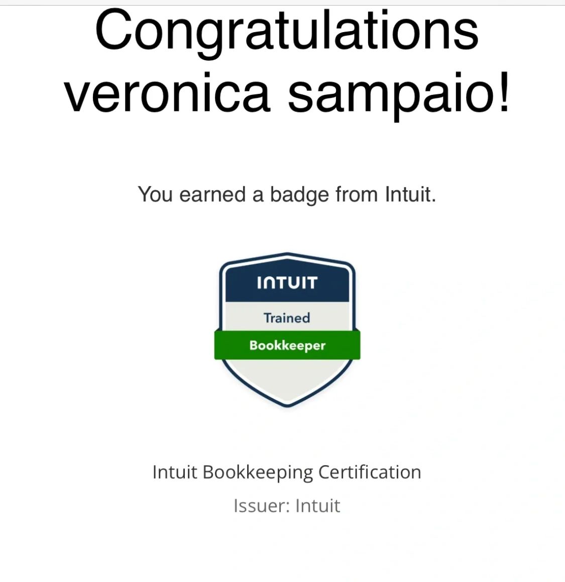 Intuit Bookkeeping Certification badge awarded to Veronica Sampaio.