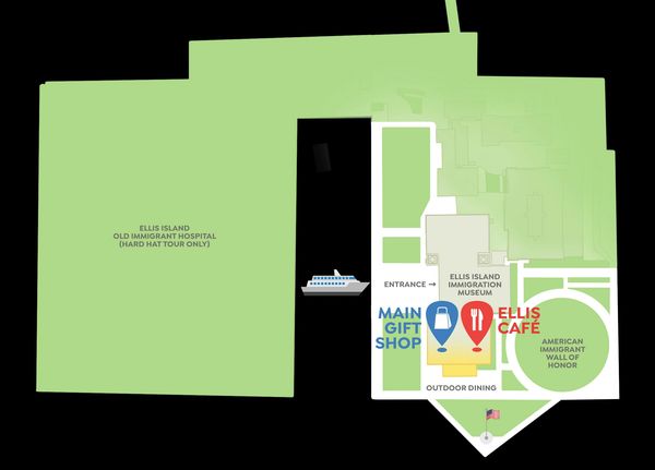 Map of Ellis Island showing where Ellis Café & the main gift shop are.