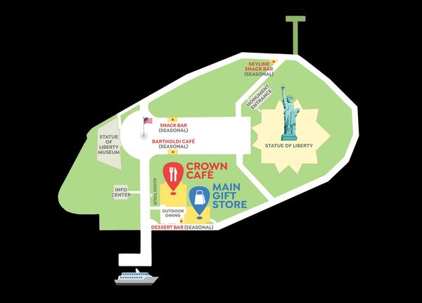 Map of Liberty Island showing where Crown Café, the main gift store & the Statue of Liberty are.