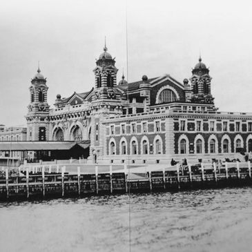 An old photograph of Ellis Island, New York City, as seen from the boat.
