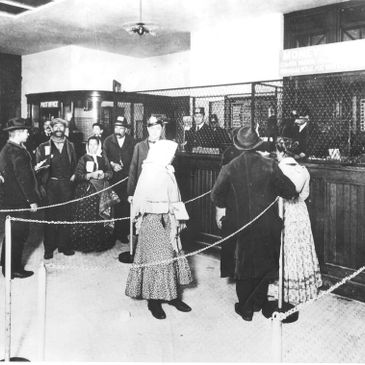 An old photograph of the Currency Exchange at Ellis Island old Immigration Center back in the day.