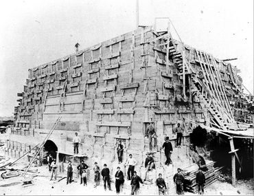 Construction of the pedestal under the Statue of Liberty.