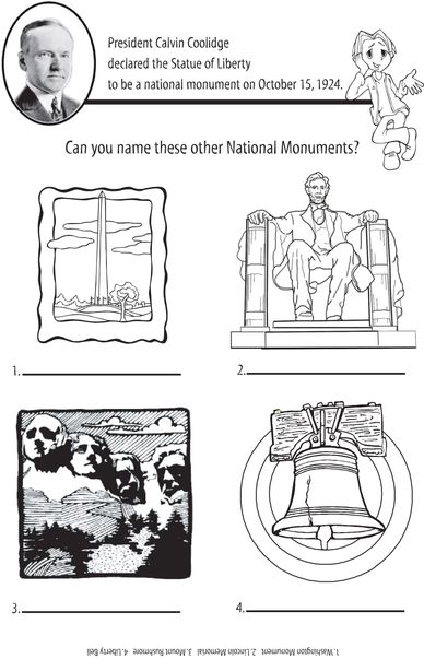 National Monuments facts & coloring game for kids.