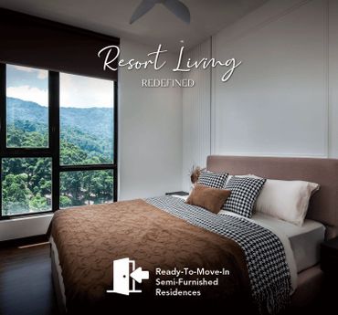 Modern bedroom with forest view and cozy bedding.