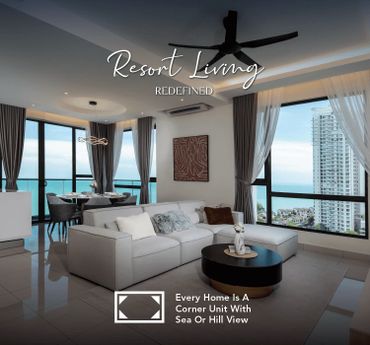 Modern resort living with stunning sea and hill views from a corner unit.