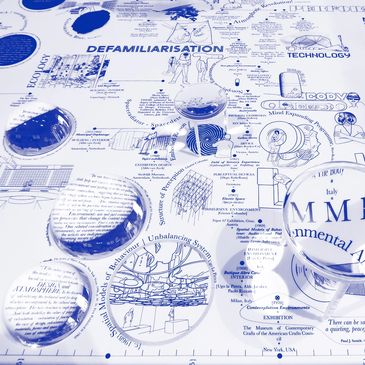 Fragment of a display containing drawings, txt and optical instruments/lenses