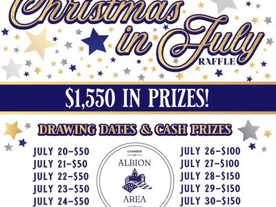 Christmas in July raffle with $1,550 in prizes and drawing dates listed.