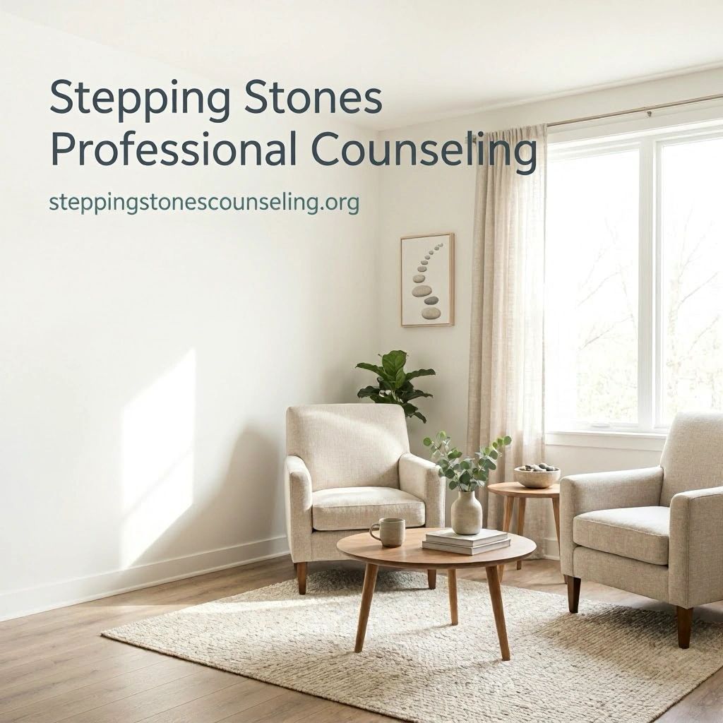 Cozy counseling office with beige chairs and natural light.