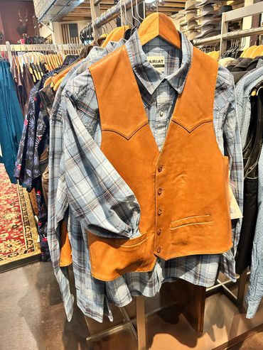 Scully Leather Vest paired with Ariat Plaid Pearl Snap