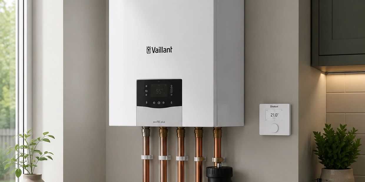 Modern Vaillant boiler installed on a wall with copper pipes and a thermostat.
