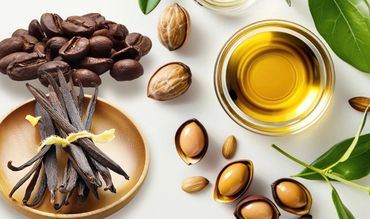 Natural ingredients (coffee beans, jojoba oil, vanilla) in Earth's Gift Tallow Balm