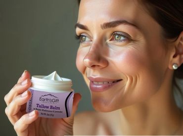 Smiling woman showing Earth's Gift Tallow Balm