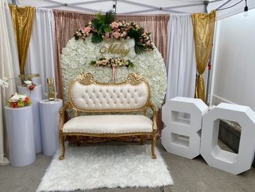 80th birthday party decor backdrop and pedestals 