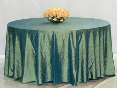 Mantel redondo de seda corrugada color verde para mesa de 10 pers 